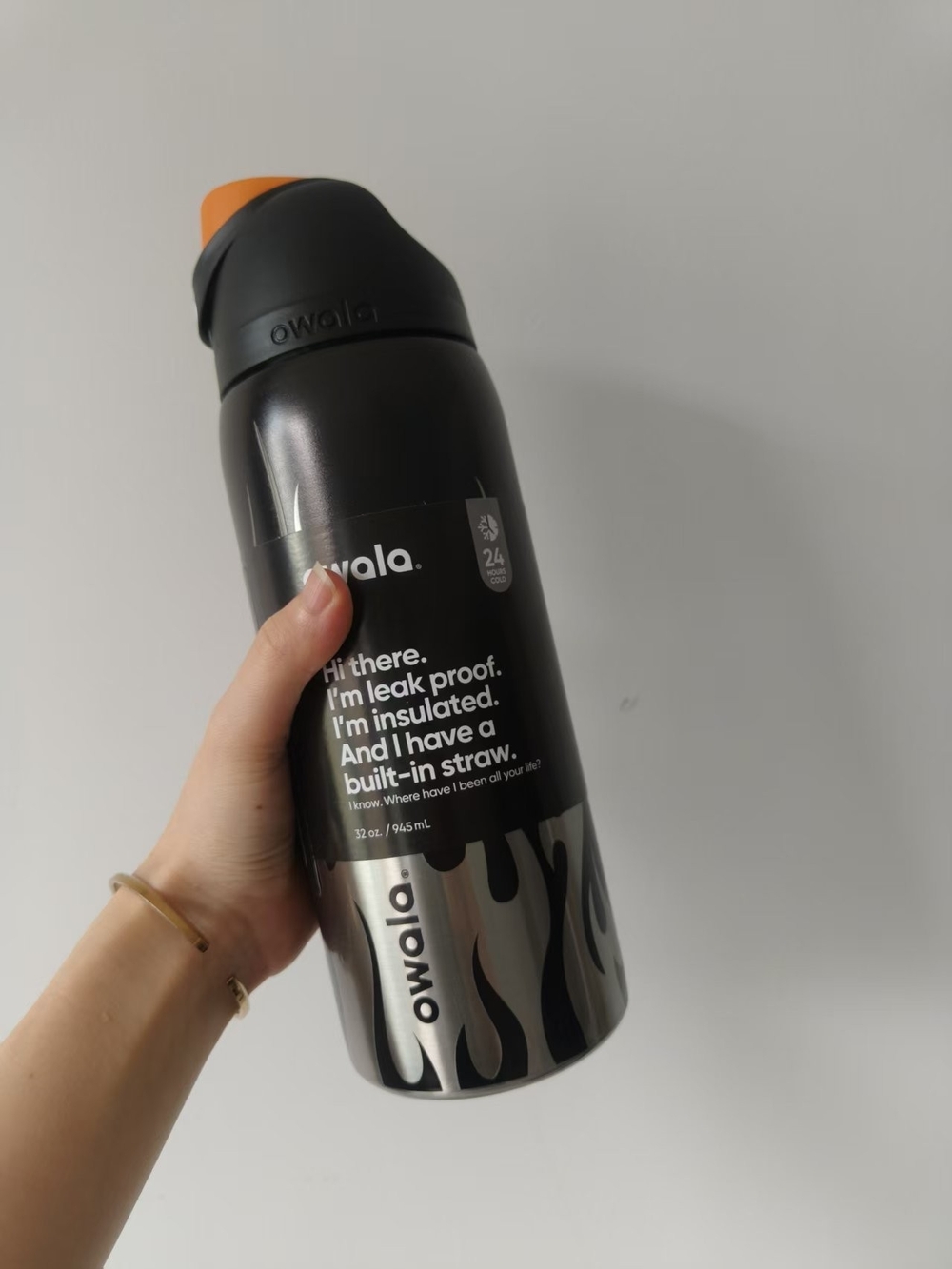 Owala FreeSip 32oz Black Flame Water Bottle Chrome Inferno Style